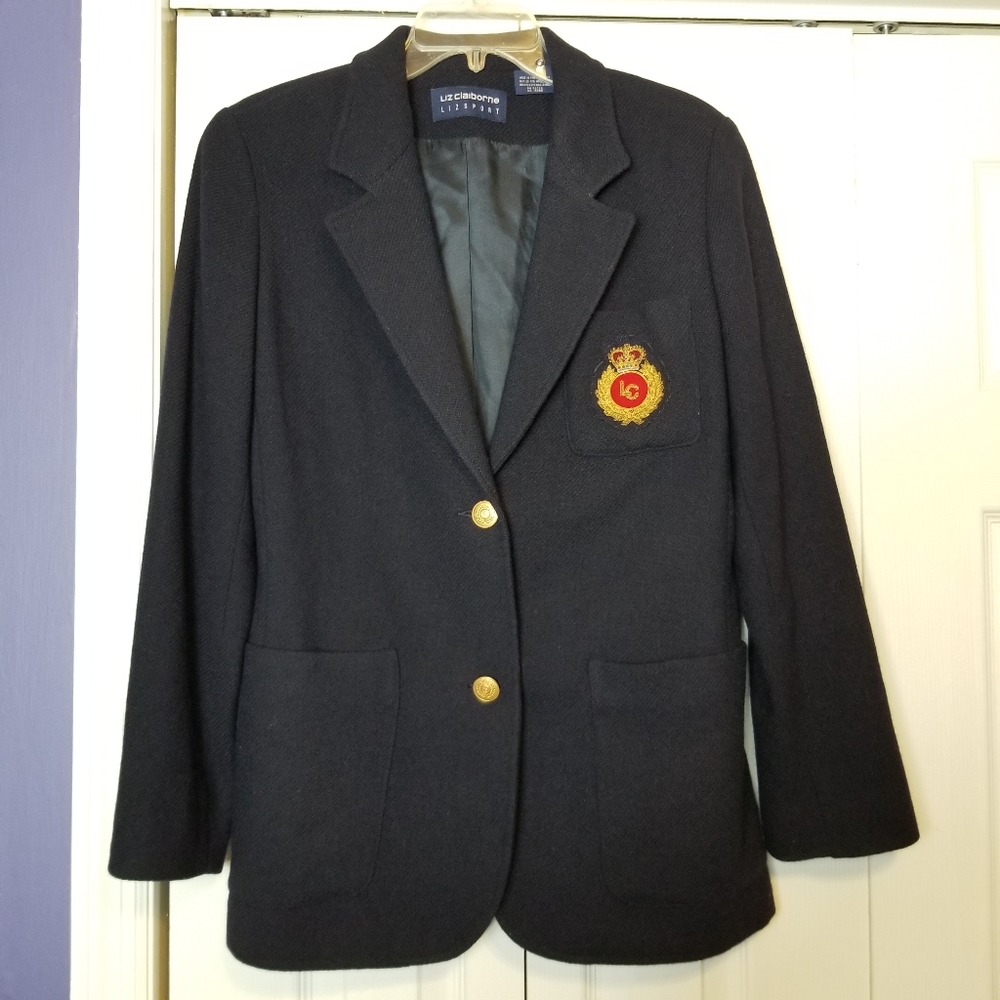 Liz Claiborne Liz Sport Wool Crest Pocket Logo Blazer
